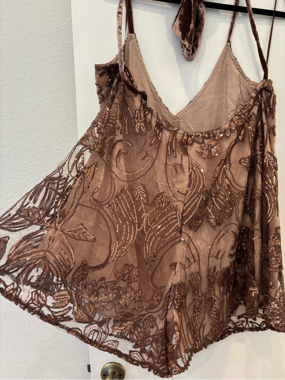 Free People Beaded V-Neck Halter Top short bottom Swingin It Romper Boho Glam - Picture 4 of 8